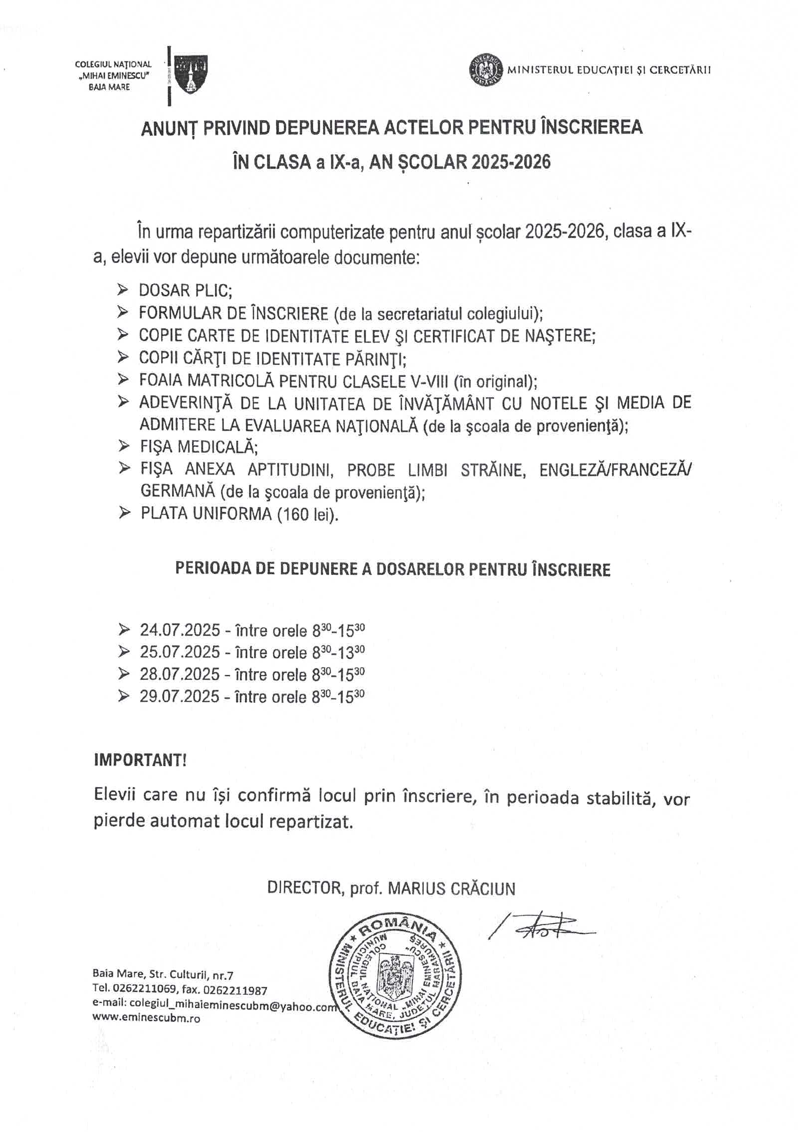 dosar inscriere liceu